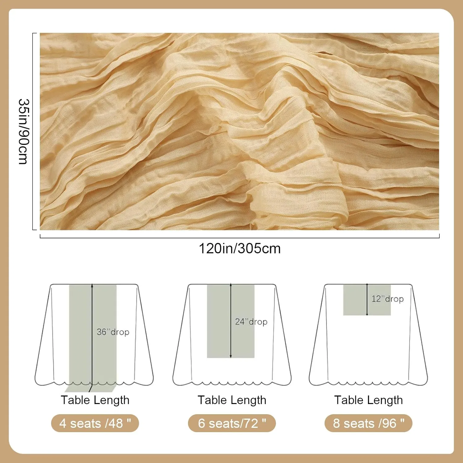 6 Pcs 10 FT Champagne Cheesecloth Table Runner, 120 Inch Boho Cheese Cloth Table Runners for Bridal Shower Wedding Table Decor Baby Shower Decorations for Party