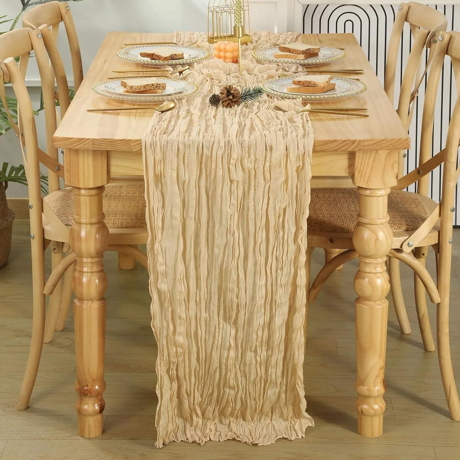 6 Pcs 10 FT Champagne Cheesecloth Table Runner, 120 Inch Boho Cheese Cloth Table Runners for Bridal Shower Wedding Table Decor Baby Shower Decorations for Party