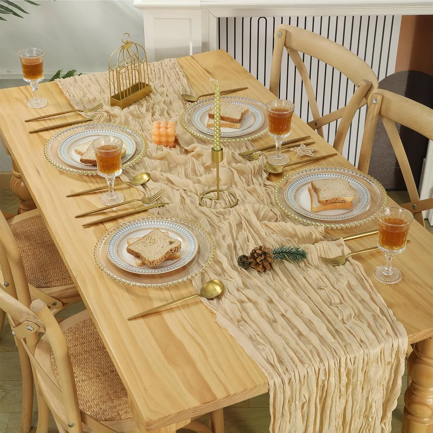 6 Pcs 10 FT Champagne Cheesecloth Table Runner, 120 Inch Boho Cheese Cloth Table Runners for Bridal Shower Wedding Table Decor Baby Shower Decorations for Party