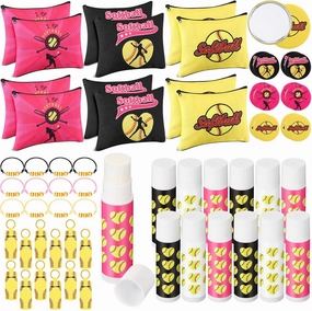 60 Pcs Softball Team Gifts for Girls Include 12 Softball Makeup Bags 12 Lip Balm 12 Makeup Mirrors 12 Lipstick Holder Keychains 12 Adjustable Bracelet for Sports Lovers