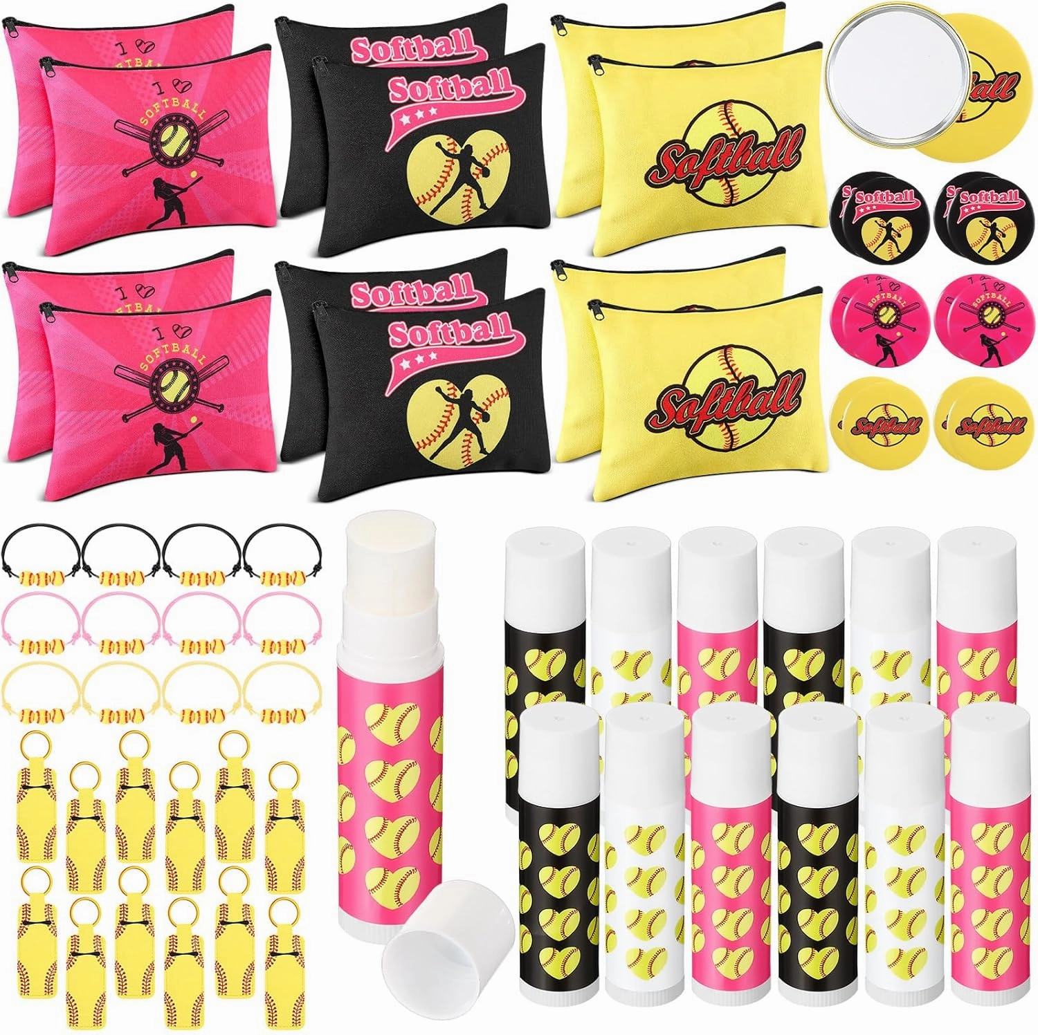 60 Pcs Softball Team Gifts for Girls Include 12 Softball Makeup Bags 12 Lip Balm 12 Makeup Mirrors 12 Lipstick Holder Keychains 12 Adjustable Bracelet for Sports Lovers