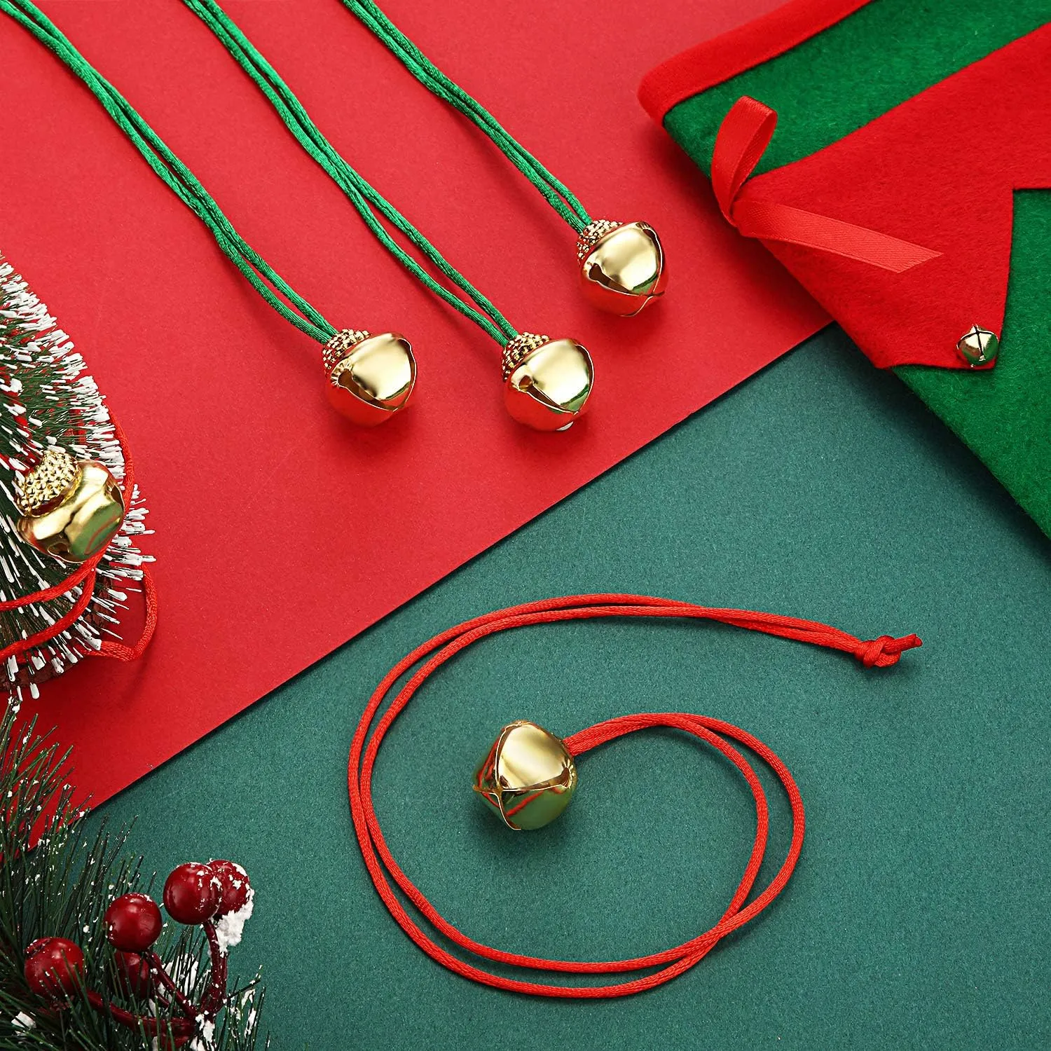 64 Pieces Christmas Bell Necklaces Large Gold Red Green Bell Necklaces for Craft Holiday Party Supplies (Beautiful Colors)