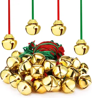 64 Pieces Christmas Bell Necklaces Large Gold Red Green Bell Necklaces for Craft Holiday Party Supplies (Beautiful Colors)