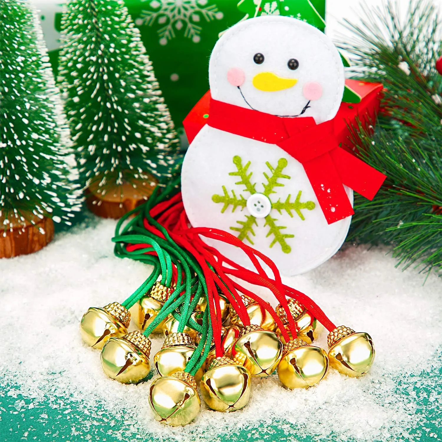 64 Pieces Christmas Bell Necklaces Large Gold Red Green Bell Necklaces for Craft Holiday Party Supplies (Beautiful Colors)
