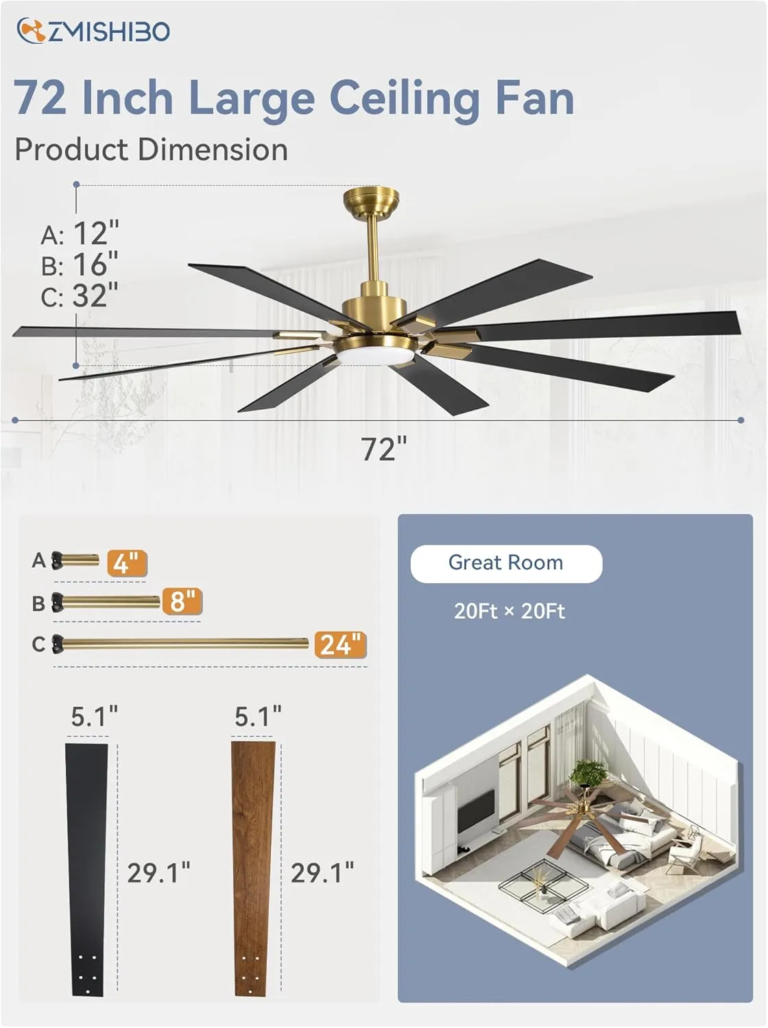 72 inch Black and Gold Ceiling Fans with Lights and Remote, Indoor/Outdoor Ceiling Fan for Patio Living Room, 6 Speed Reversible Quiet DC Motor, 3 CCT, Dual Finish Blades