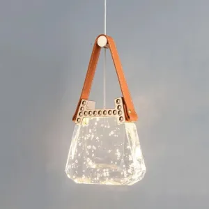 7W Luxurious Aluminum Long Chandelier Modern Bubble Crystal LED Pendant Light Handbag Champagne Gold Art Pendant Light Fixtures Leather Trim for Bedroom Bedside Dinning Room