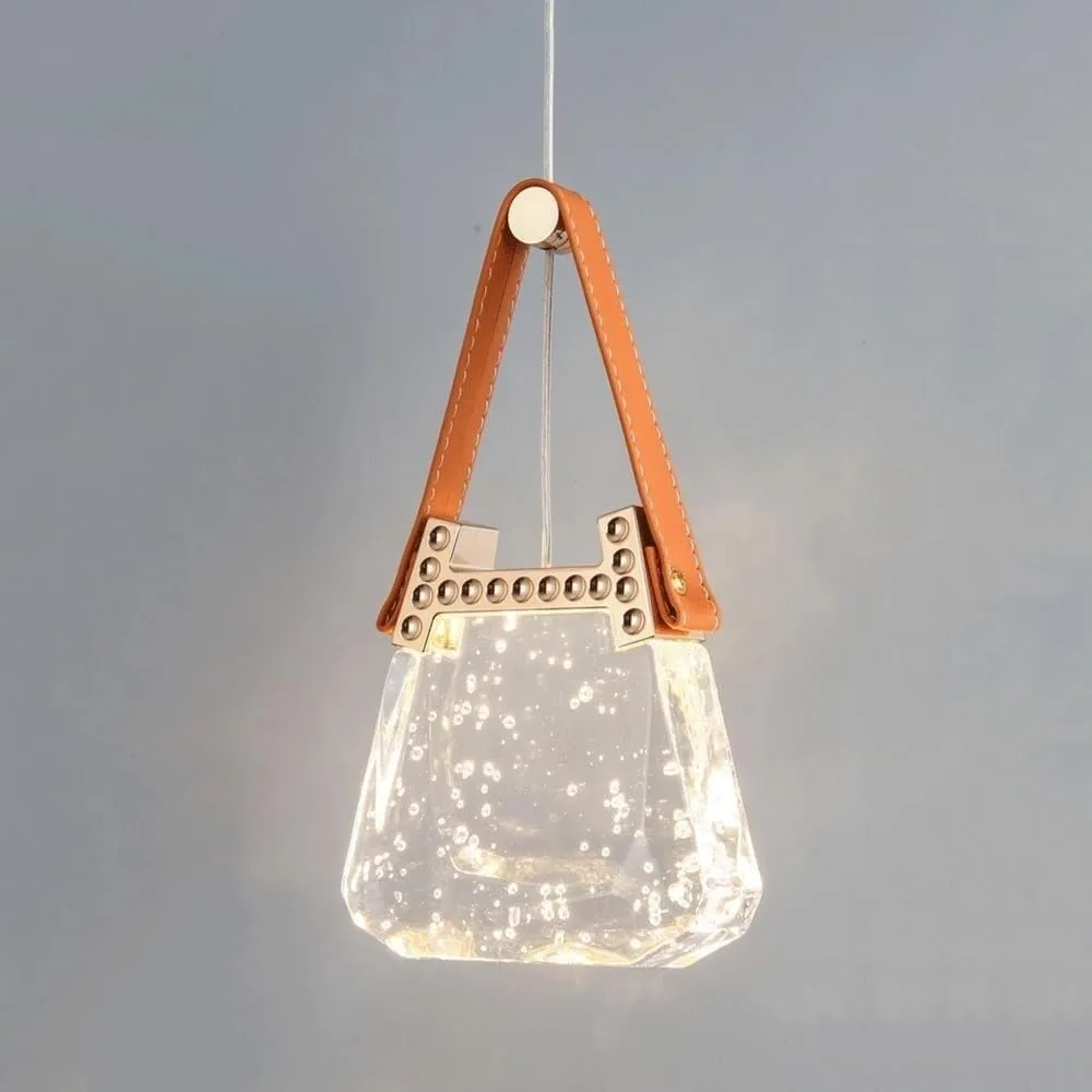 7W Luxurious Aluminum Long Chandelier Modern Bubble Crystal LED Pendant Light Handbag Champagne Gold Art Pendant Light Fixtures Leather Trim for Bedroom Bedside Dinning Room