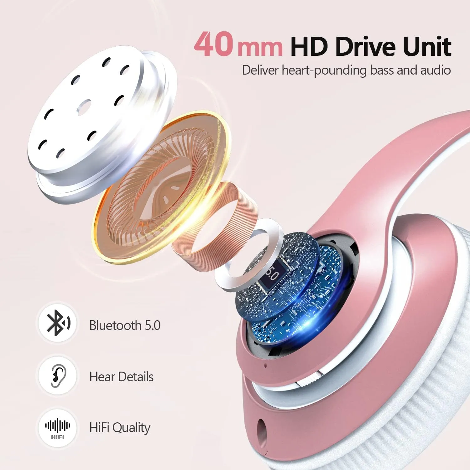 9S Over Ear Bluetooth Headphones, 60 Hours Playtime, Hi-Fi Stereo, Deep Bass, Microphone, Foldable, Rose Gold
