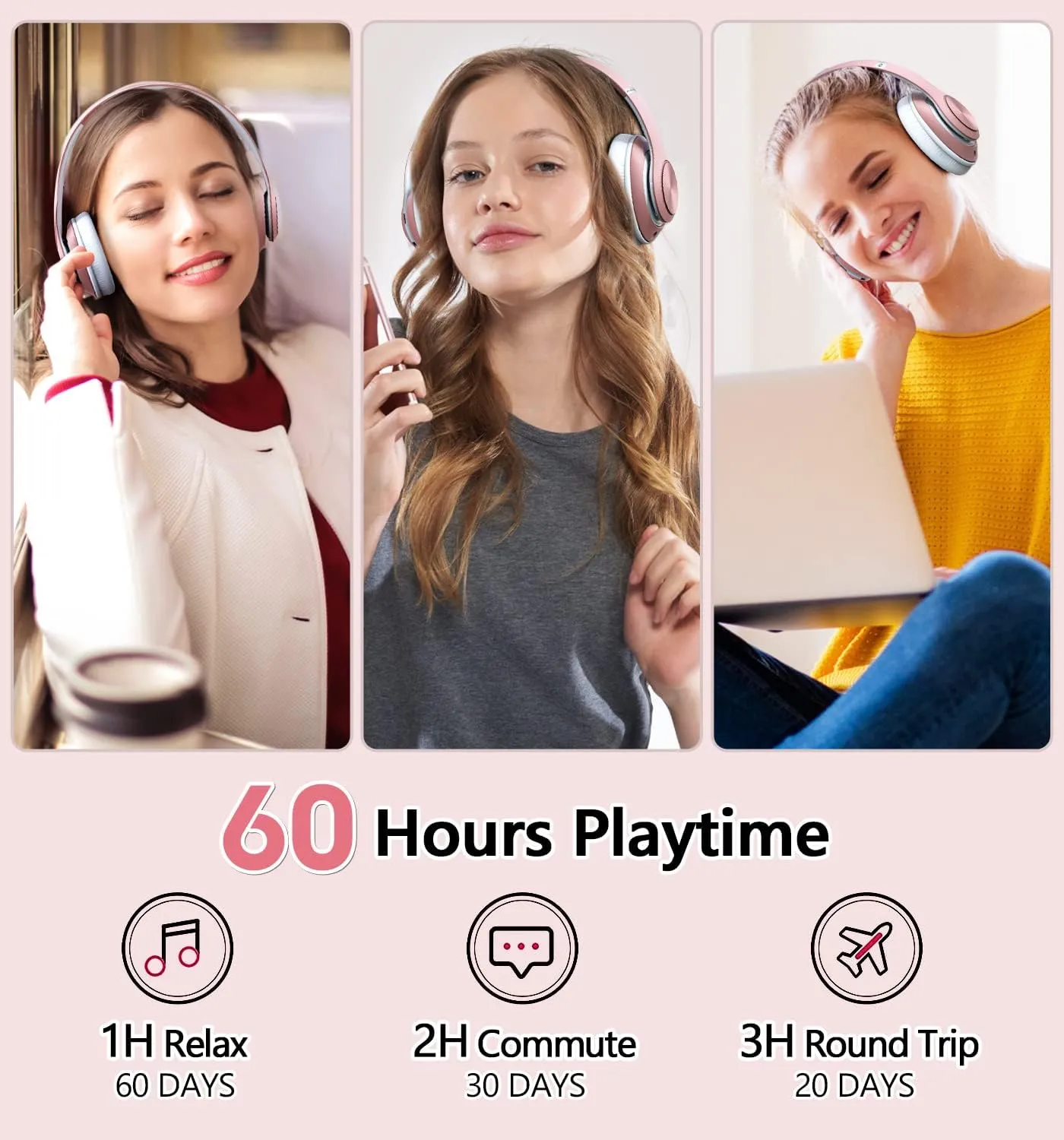 9S Over Ear Bluetooth Headphones, 60 Hours Playtime, Hi-Fi Stereo, Deep Bass, Microphone, Foldable, Rose Gold
