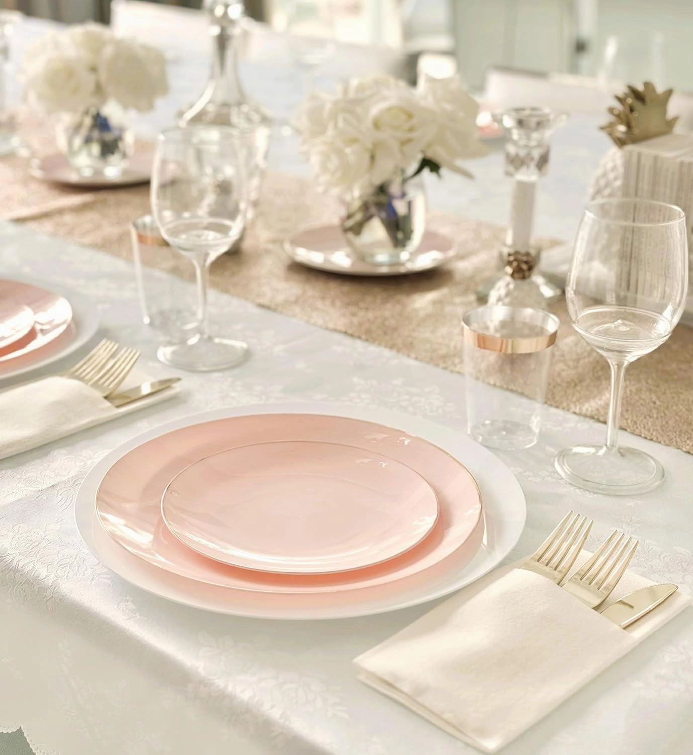 " OCCASIONS " 240 Plates Pack,(120 Guests) Premium Wedding Party Disposable Plastic Plates Set -120 x 10.25'' Dinner   120 x 7.5'' Salad/Dessert (Bali, Blush & Gold)
