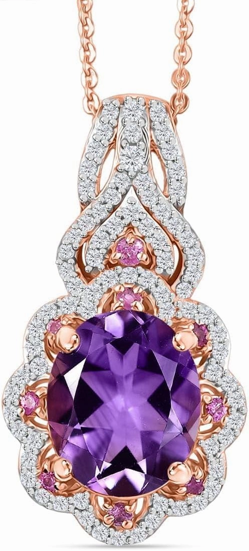 AAA Rose De France Amethyst and Multi Gemstone 4.70 ctw Vintage Elegance Pendant Necklace in 18K Vermeil Rose Gold Plated Sterling Silver 20 Inches Birthday Gifts