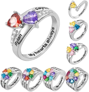 AILIN 925 Sterling Silver Heart Birthstone Rings For Women Custom 1-8 Engraved Names and Birthstones Mother Rings Ring Size 5-12 3 Colors