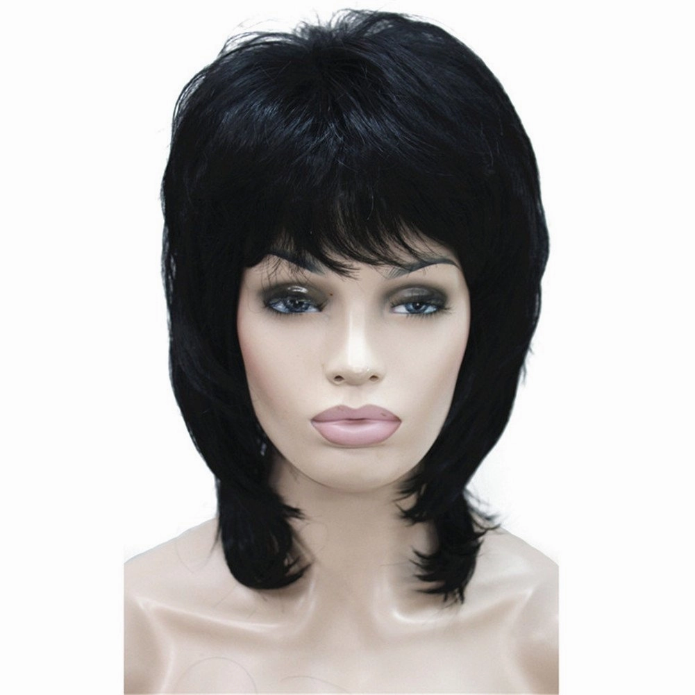 Aimole Soft Shaggy Layered Medium Length Classic Cap Synthetic Women Wigs(1-Black)