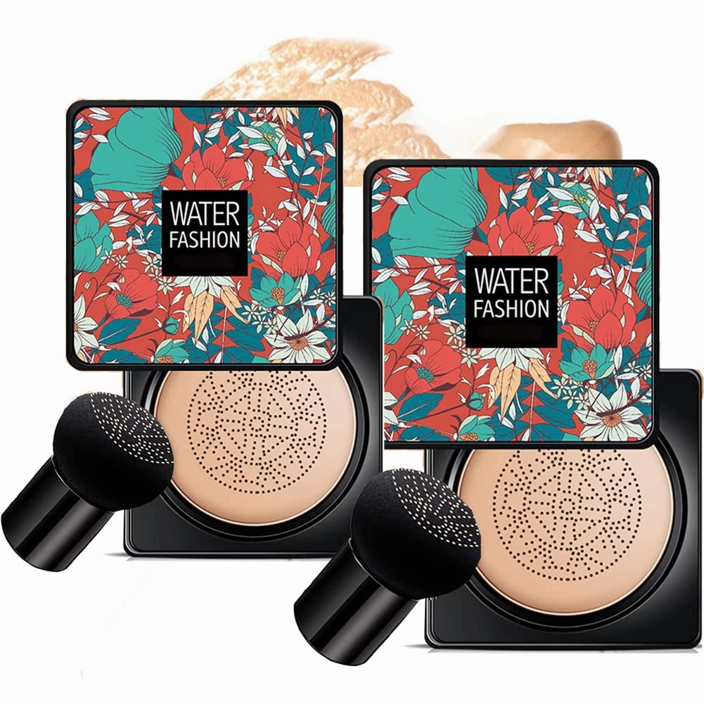 Air Cushion CC Cream Mushroom Head Foundation Air Cushion BB Cream Concealer Moisturizing Brighten Makeup Long Lasting Waterproof-Natural 2Pack
