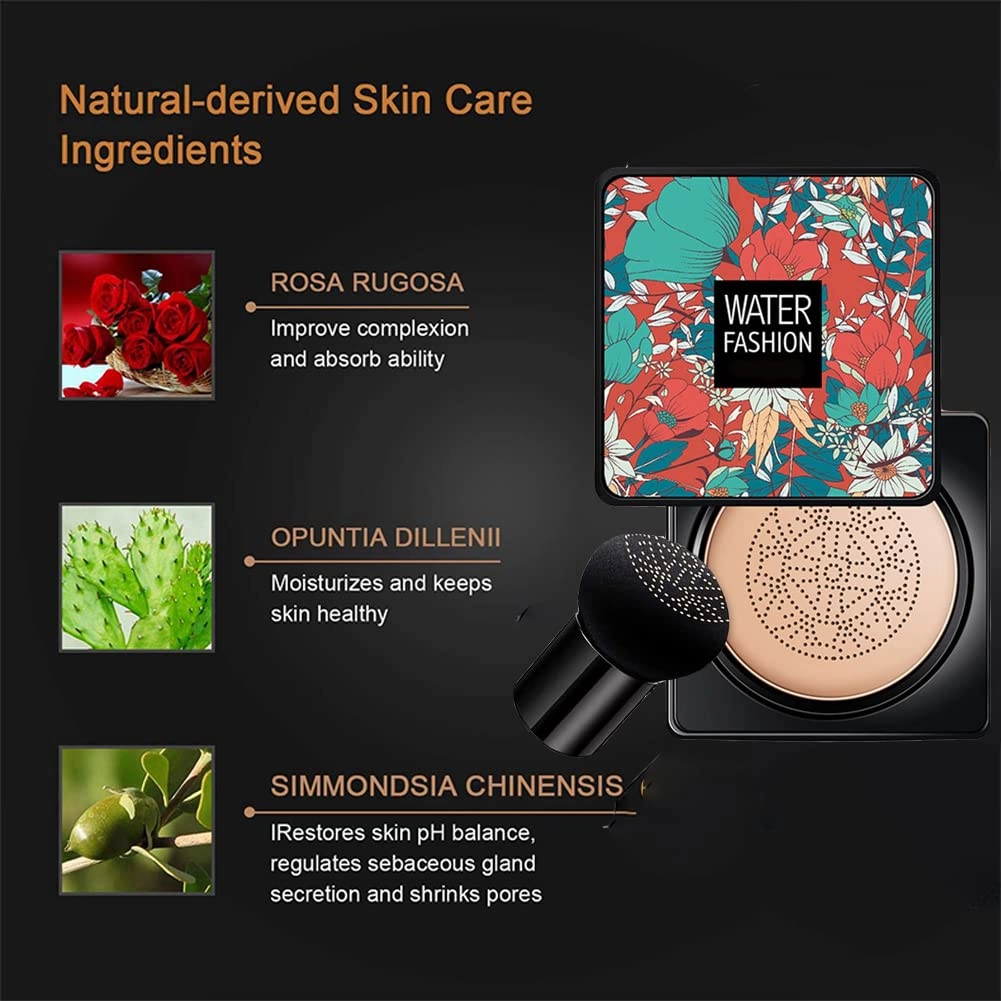 Air Cushion CC Cream Mushroom Head Foundation Air Cushion BB Cream Concealer Moisturizing Brighten Makeup Long Lasting Waterproof-Natural 2Pack