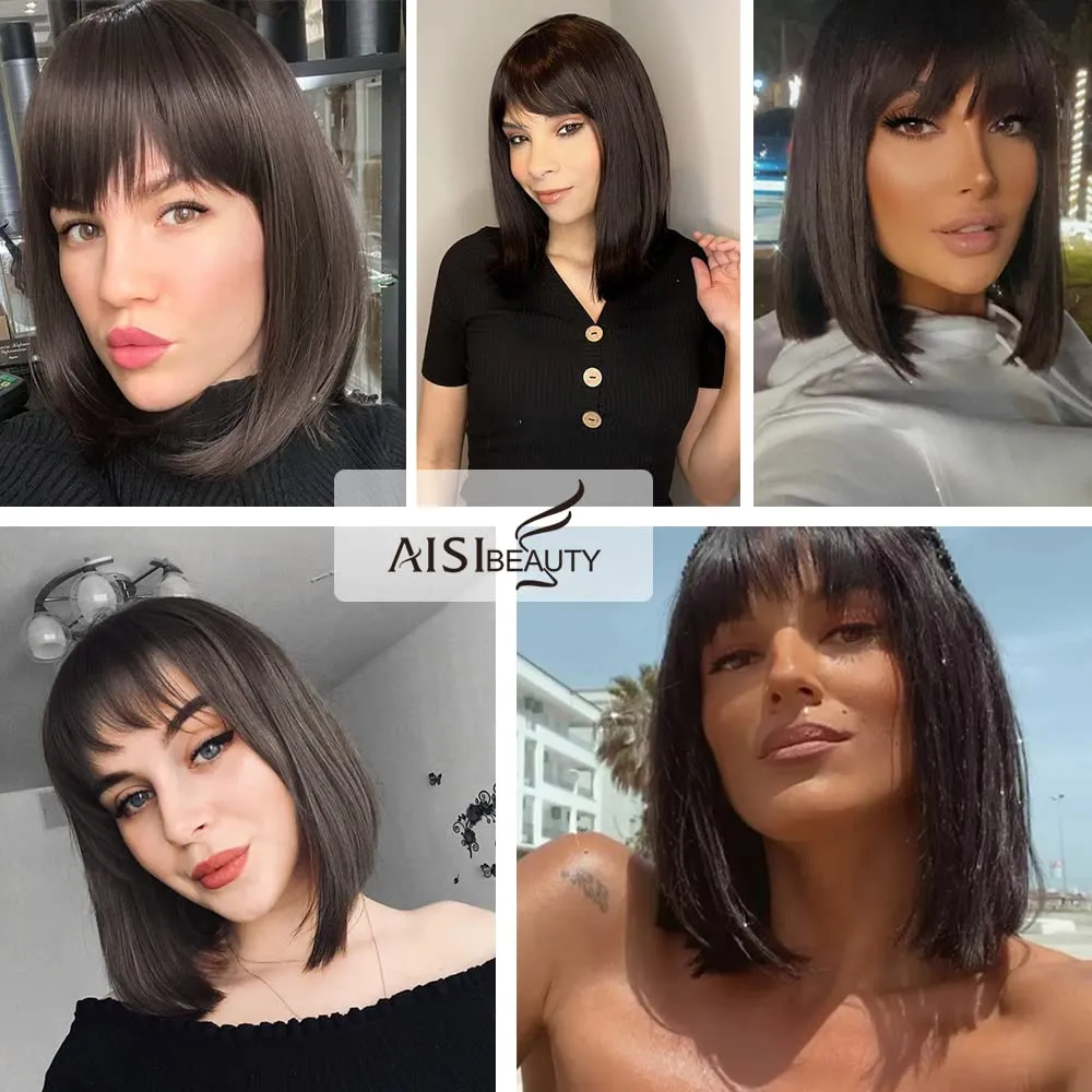 AISI BEAUTY Dark Brown Bob Wig with Bangs Short Brunette Wigs for Women Synthetic Bob Wigs for Cosplay Party 12 Inch