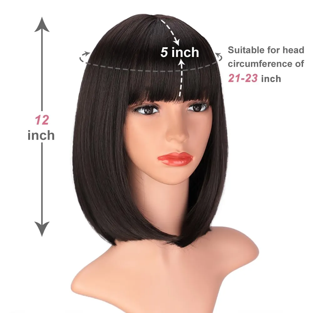 AISI BEAUTY Dark Brown Bob Wig with Bangs Short Brunette Wigs for Women Synthetic Bob Wigs for Cosplay Party 12 Inch