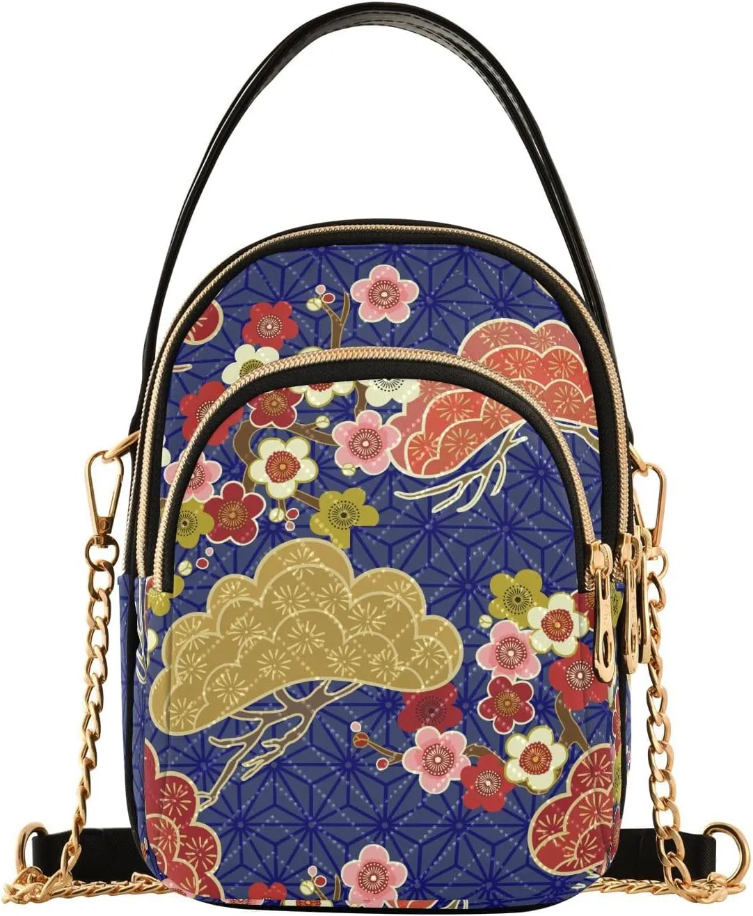 ALAZA Chain Crossbody Bags for Women Japanese Oriental Cherry Flowers Quilted Shoulder Crossbody Handbags Travel Cross Body Cell Phone Purses Bags