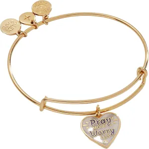 Alex and Ani Pray More Worry Less EWB, Shiny Gold Finish, Purple Charm, 2 to 3.5 in