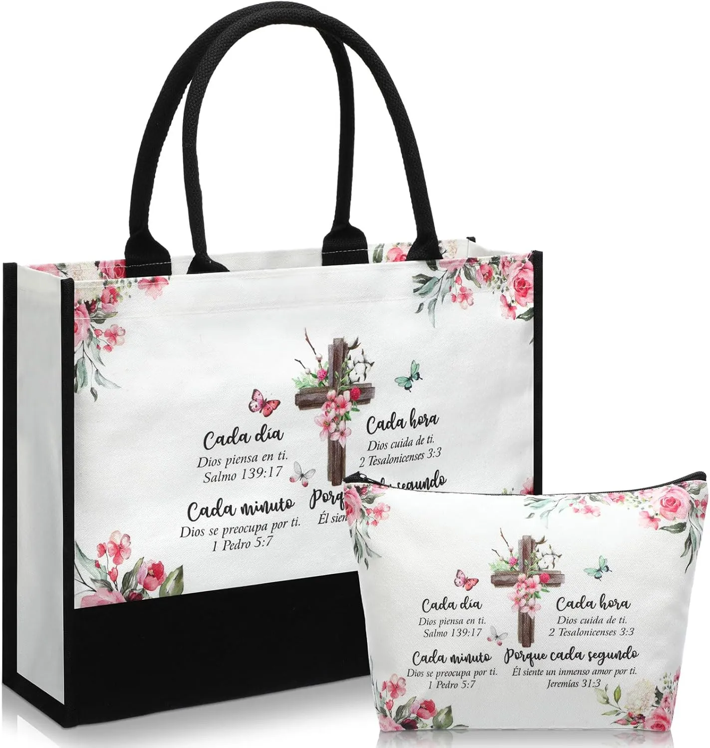 Aliceset 2 Pcs Christian Gifts for Women Spanish Canvas Tote Gifts Religious Bible Verse Tote Bag with Makeup Bag