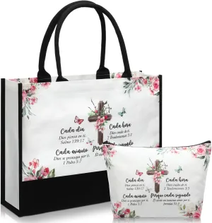 Aliceset 2 Pcs Christian Gifts for Women Spanish Canvas Tote Gifts Religious Bible Verse Tote Bag with Makeup Bag