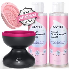 Alyfini Makeup Cleaning Tool Kit - Electric Makeup Brush Cleaner Machine and Makeup Brush Sponge Cleaner Solution Concentrate, Foldable Silicone Bowl