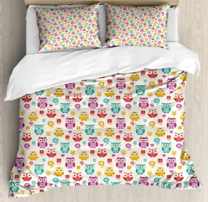 Ambesonne Owls Duvet Cover Set, Lilies Popies and Daisies Lively Colored Nostalgic Characters Design, Decorative 3 Piece Bedding Set with 2 Pillow Shams, California King, Champagne Multicolor