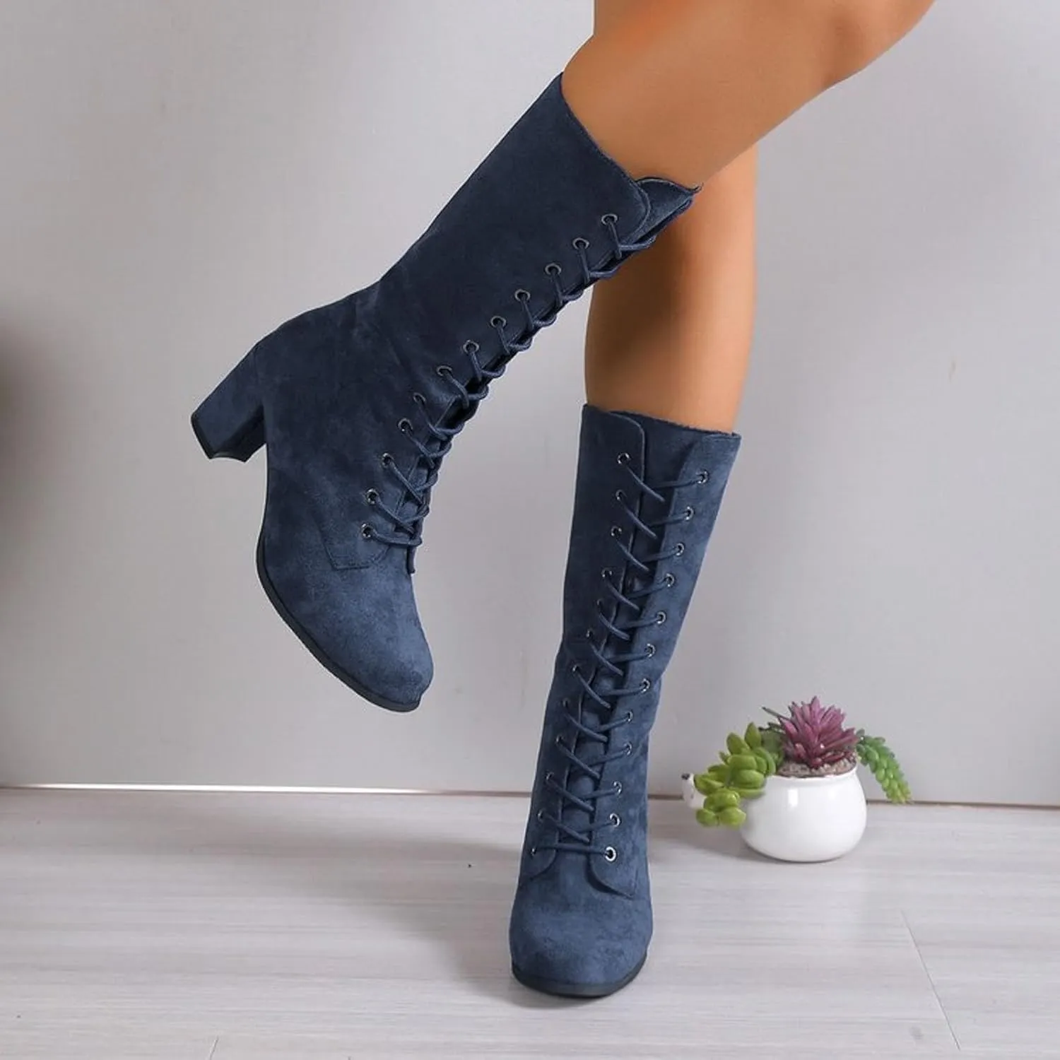 AMDBEL Wide Calf Boots for Women Thick Heel Womens Fall Boots 2024 Casual Lace Up Strappy Walking Booties Winter Shoes