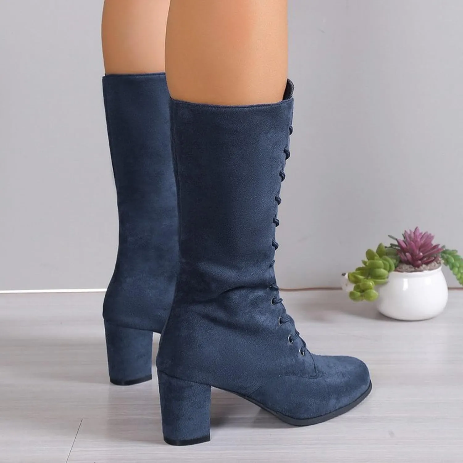 AMDBEL Wide Calf Boots for Women Thick Heel Womens Fall Boots 2024 Casual Lace Up Strappy Walking Booties Winter Shoes