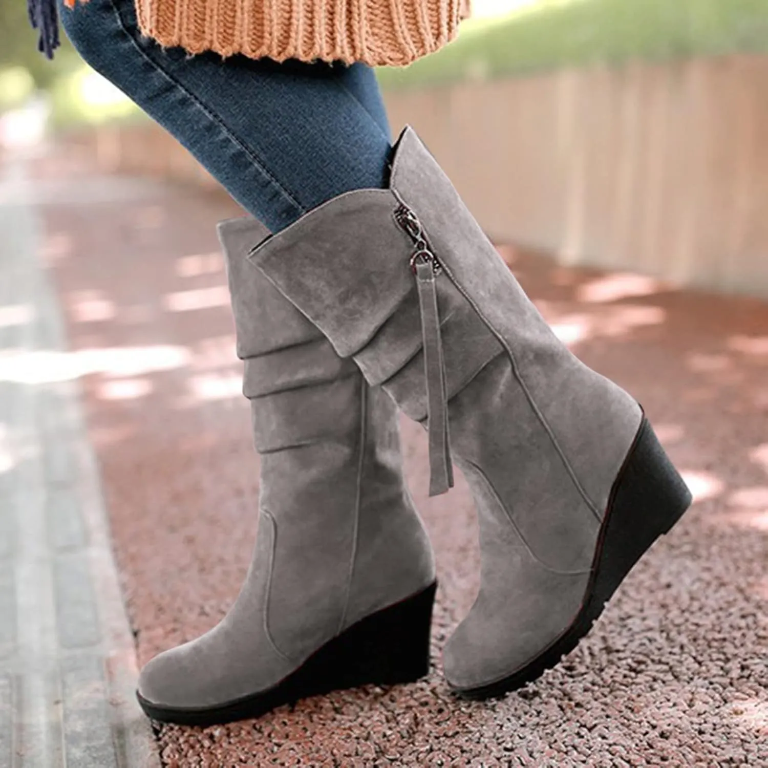 AMDBEL Wide Calf Boots for Women Wedge Heel Womens Fall Boots 2024 Winter Zipper Platform Boots Fashion Booties Shoes