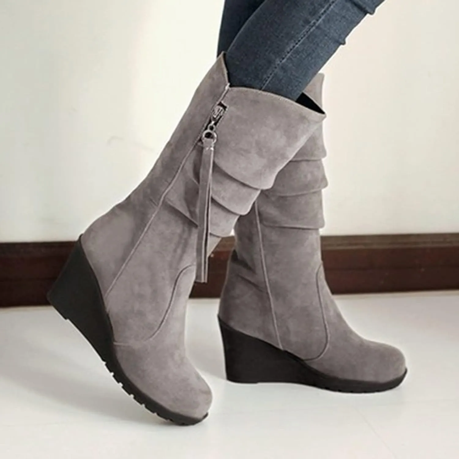 AMDBEL Wide Calf Boots for Women Wedge Heel Womens Fall Boots 2024 Winter Zipper Platform Boots Fashion Booties Shoes
