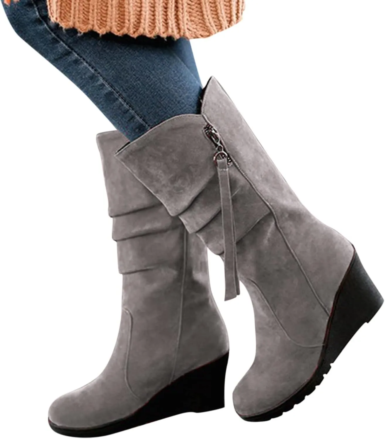 AMDBEL Wide Calf Boots for Women Wedge Heel Womens Fall Boots 2024 Winter Zipper Platform Boots Fashion Booties Shoes