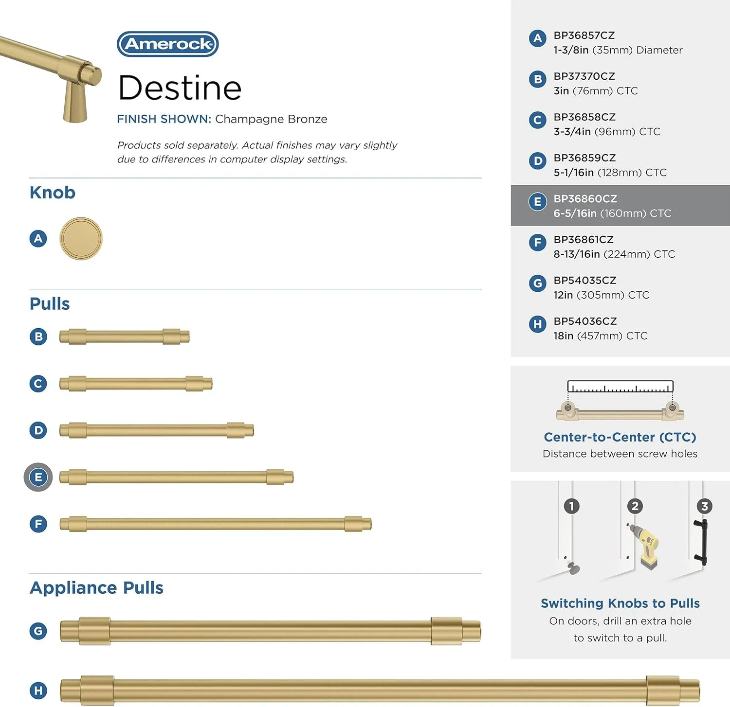 Amerock | Cabinet Pull | Champagne Bronze | 6-5/16 inch (160 mm) Center-to-Center | Destine | 1 Pack | Drawer Pull | Cabinet Handle | Cabinet Hardware