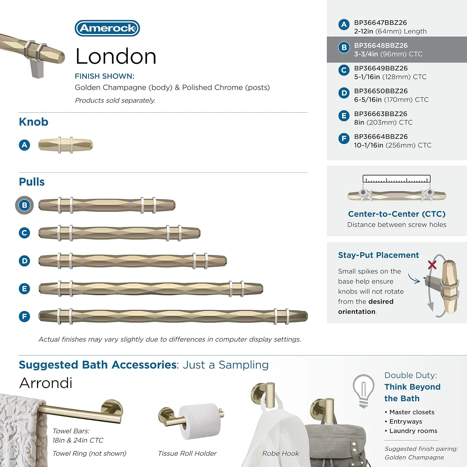 Amerock | Cabinet Pull | Golden Champagne/Polished Chrome | 3-3/4 inch (96 mm) Center-to-Center | London | 1 Pack | Drawer Pull | Drawer Handle | Cabinet Hardware