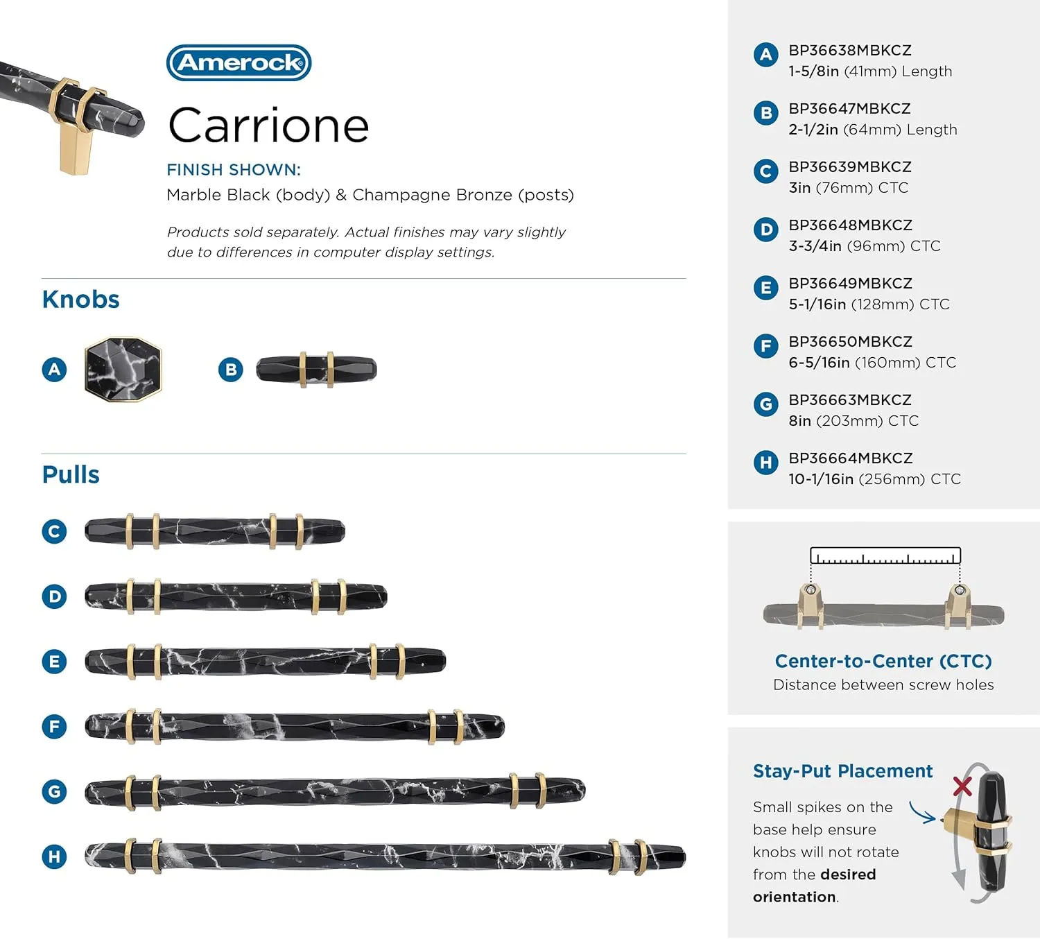 Amerock Carrione 2-1/2 inch (64mm) Length Marble Black/Champagne Bronze Cabinet Knob, BP36647MBKCZ