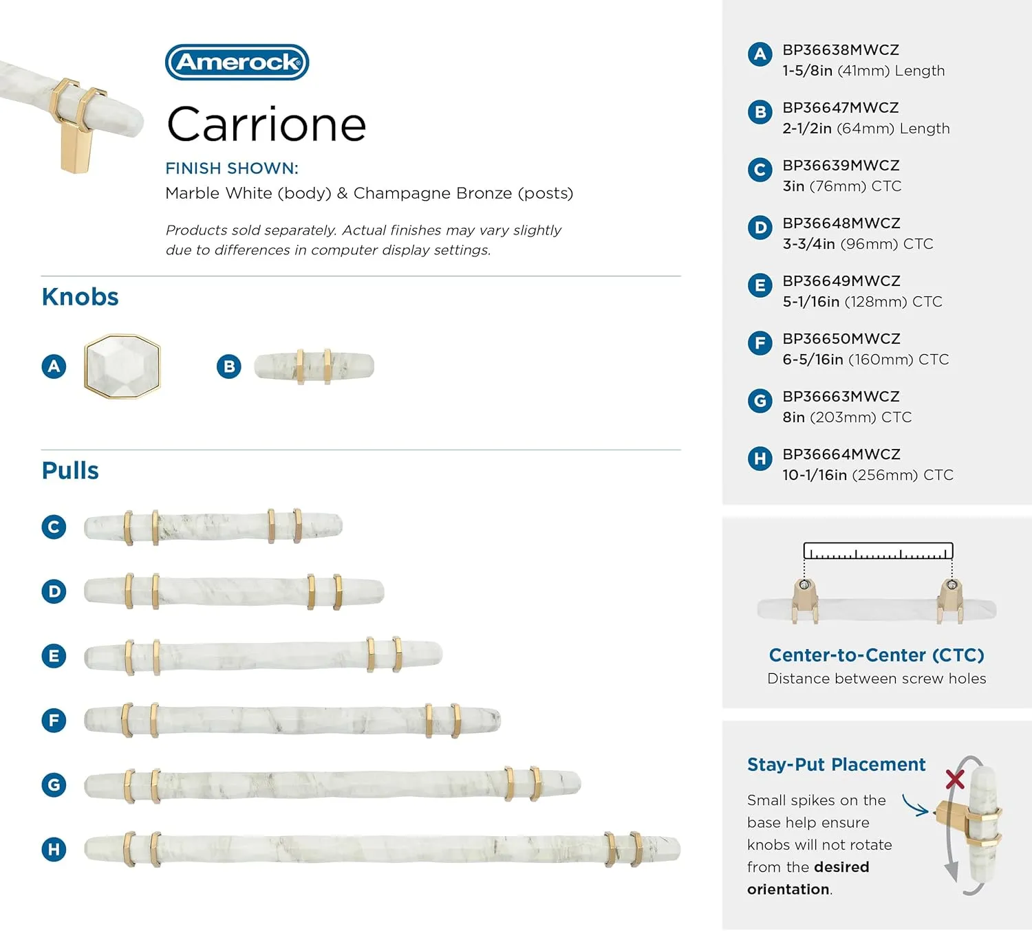 Amerock Carrione 3 inch (76mm) Center-to-Center Marble White/Champagne Bronze Cabinet Pull, BP36639MWCZ