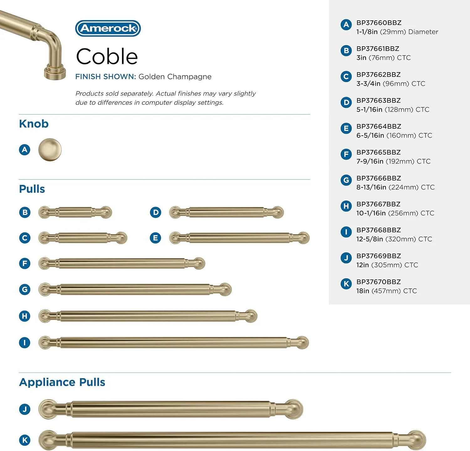 Amerock Coble 7-9/16 inch (192mm) Center-to-Center Golden Champagne Cabinet Pull, BP37665BBZ