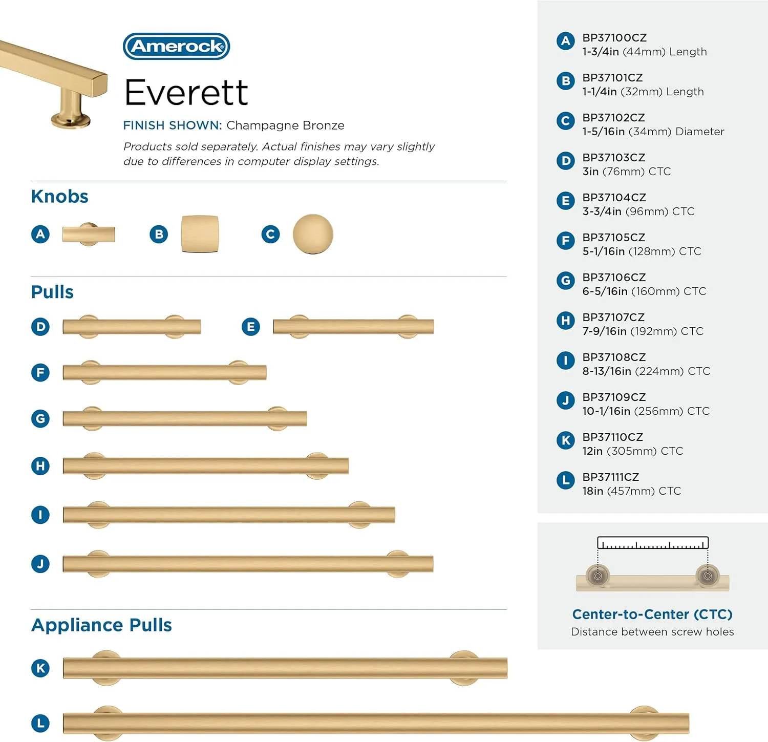 Amerock Corp BP37105CZ Everett Pull, 5-1/16 in (128 mm) Center-to-Center, Champagne Bronze