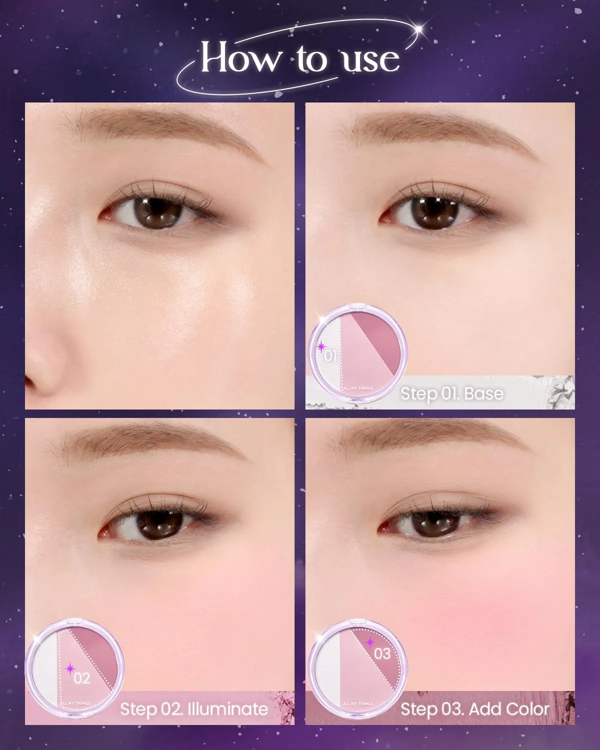 AMTS Moon Blusher | Purple Pink Moon Lit Clear Blush, 3-Color for Natural, Healthy Glow, Covers Pores, Long Lasting Korean Beauty (Moon)