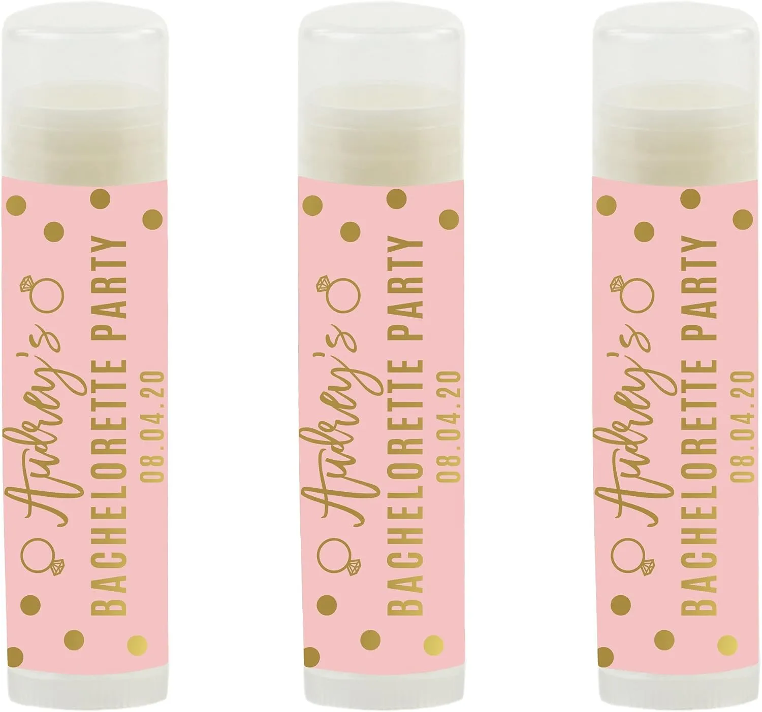 Andaz Press Blush Pink and Metallic Gold Confetti Polka Dots Bachelorette Party Bridal Shower Collection, Personalized Lip Balm Favors, Audrey's Bridal Shower 08.04.20, 12-Pack