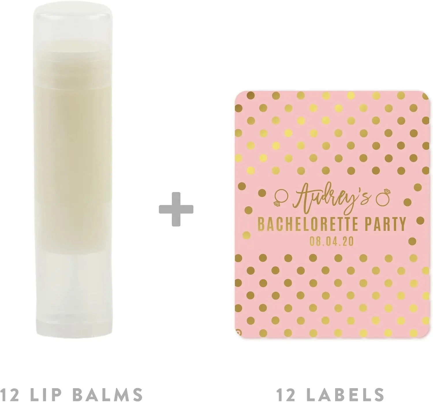 Andaz Press Blush Pink and Metallic Gold Confetti Polka Dots Bachelorette Party Bridal Shower Collection, Personalized Lip Balm Favors, Audrey's Bridal Shower 08.04.20, 12-Pack