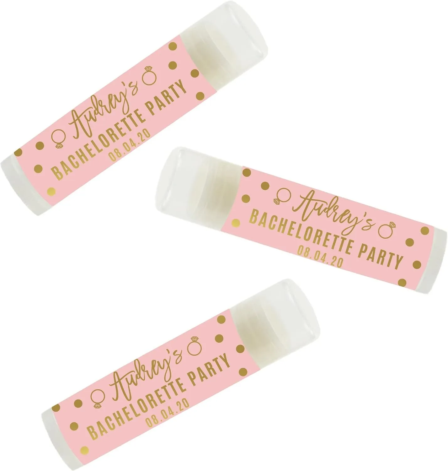 Andaz Press Blush Pink and Metallic Gold Confetti Polka Dots Bachelorette Party Bridal Shower Collection, Personalized Lip Balm Favors, Audrey's Bridal Shower 08.04.20, 12-Pack