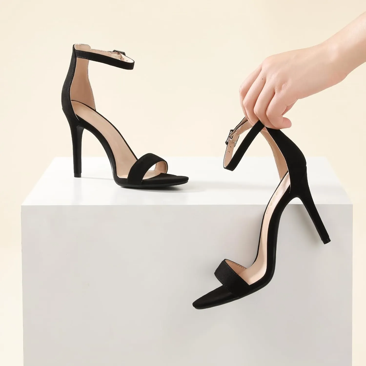 Ankis High Heels for Women 4 Inches, Black Nude Gold Stiletto Heels Open Toe Ankle Strap Heeled Sandals for Dressy Wedding Party