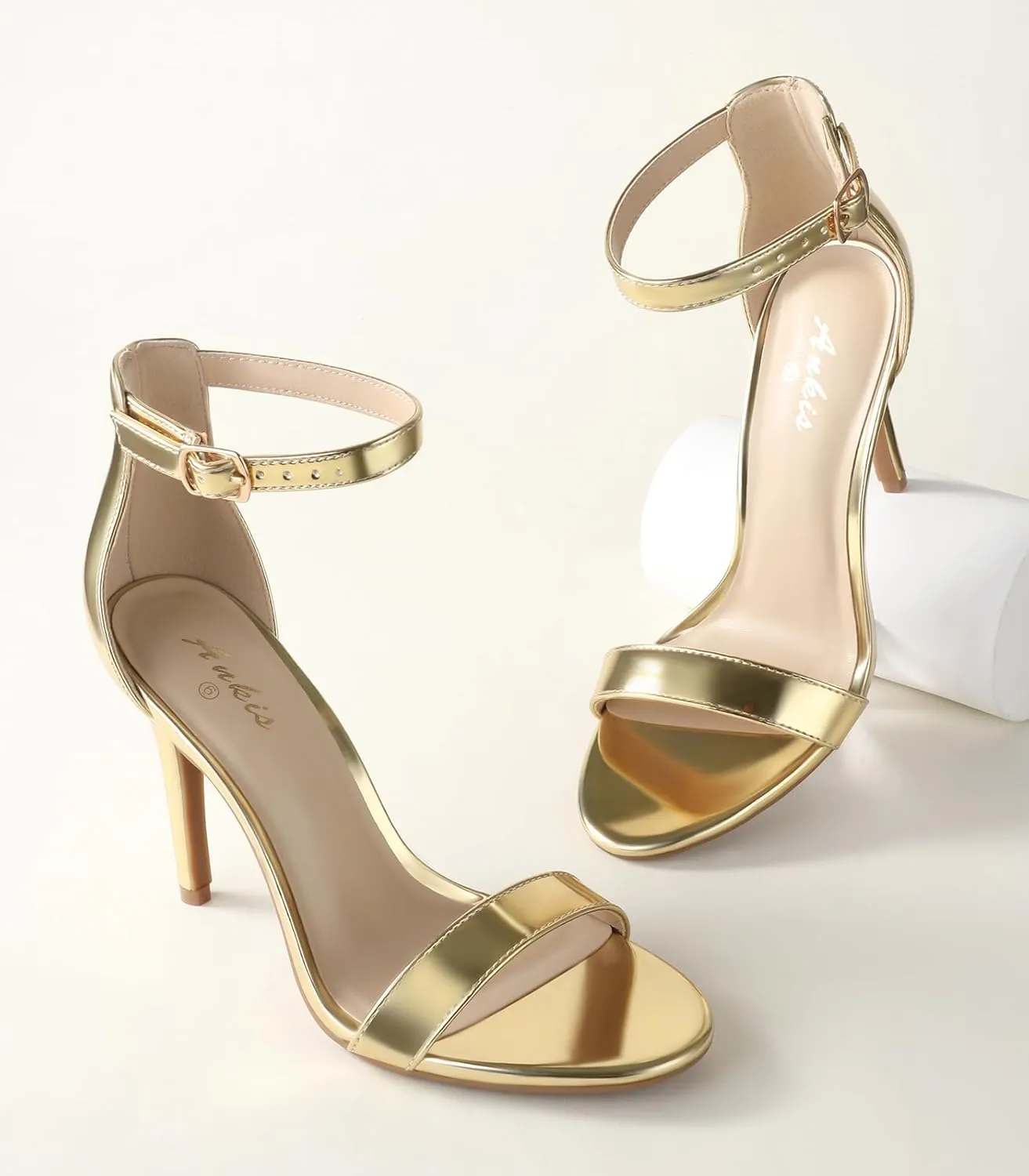 Ankis High Heels for Women 4 Inches, Black Nude Gold Stiletto Heels Open Toe Ankle Strap Heeled Sandals for Dressy Wedding Party