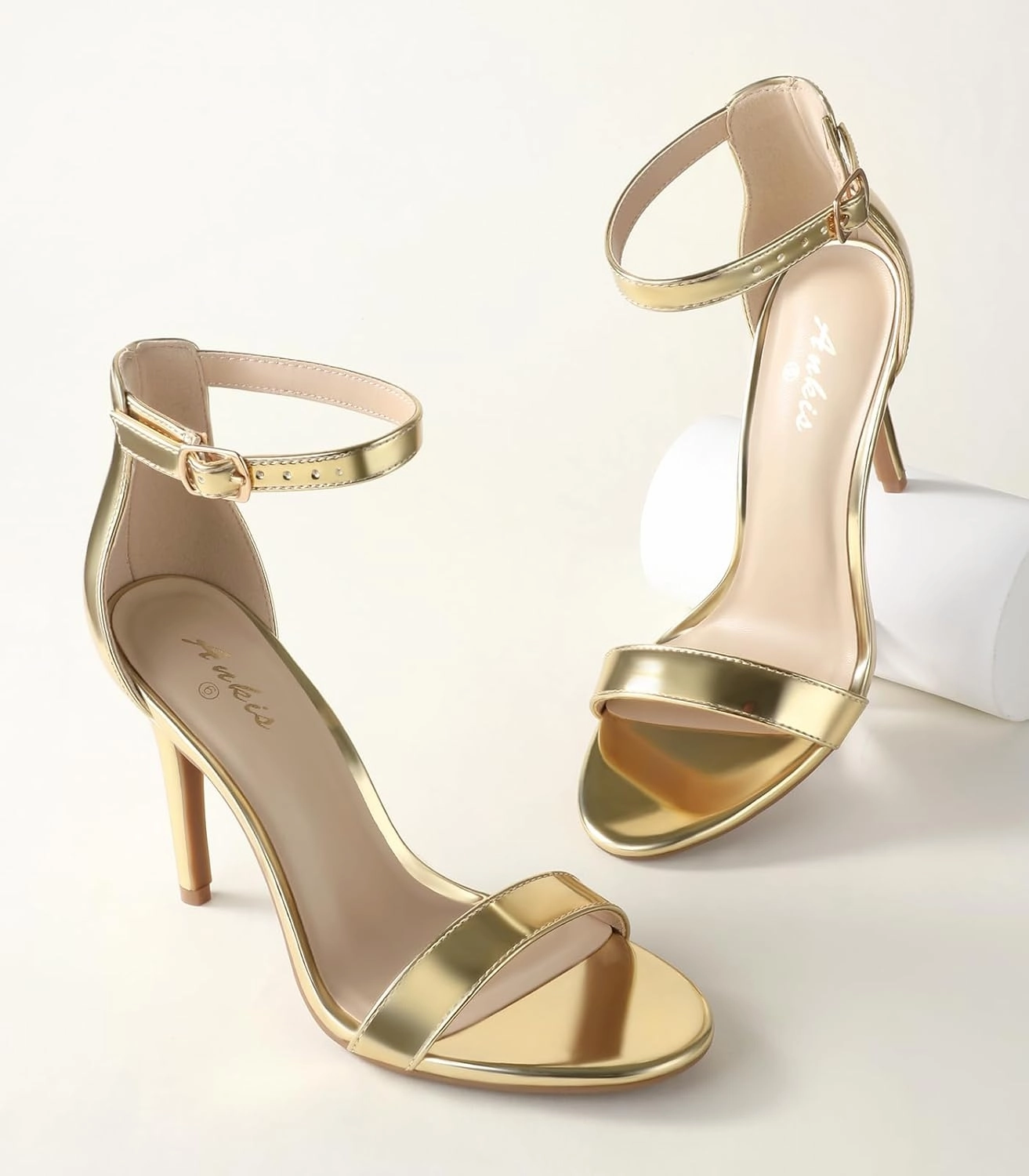 Ankis High Heels for Women 4 Inches, Black Nude Gold Stiletto Heels Open Toe Ankle Strap Heeled Sandals for Dressy Wedding Party