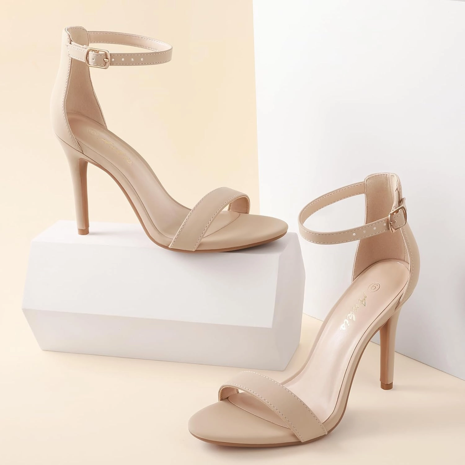 Ankis High Heels for Women 4 Inches, Black Nude Gold Stiletto Heels Open Toe Ankle Strap Heeled Sandals for Dressy Wedding Party