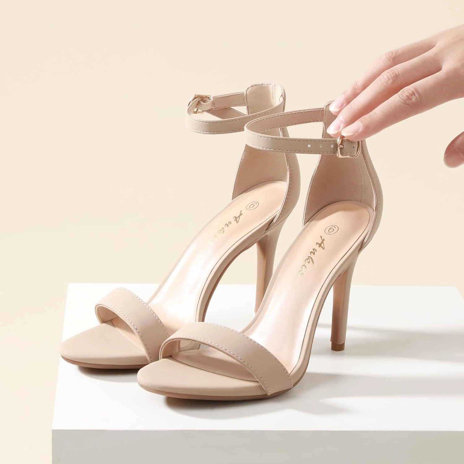 Ankis High Heels for Women 4 Inches, Black Nude Gold Stiletto Heels Open Toe Ankle Strap Heeled Sandals for Dressy Wedding Party