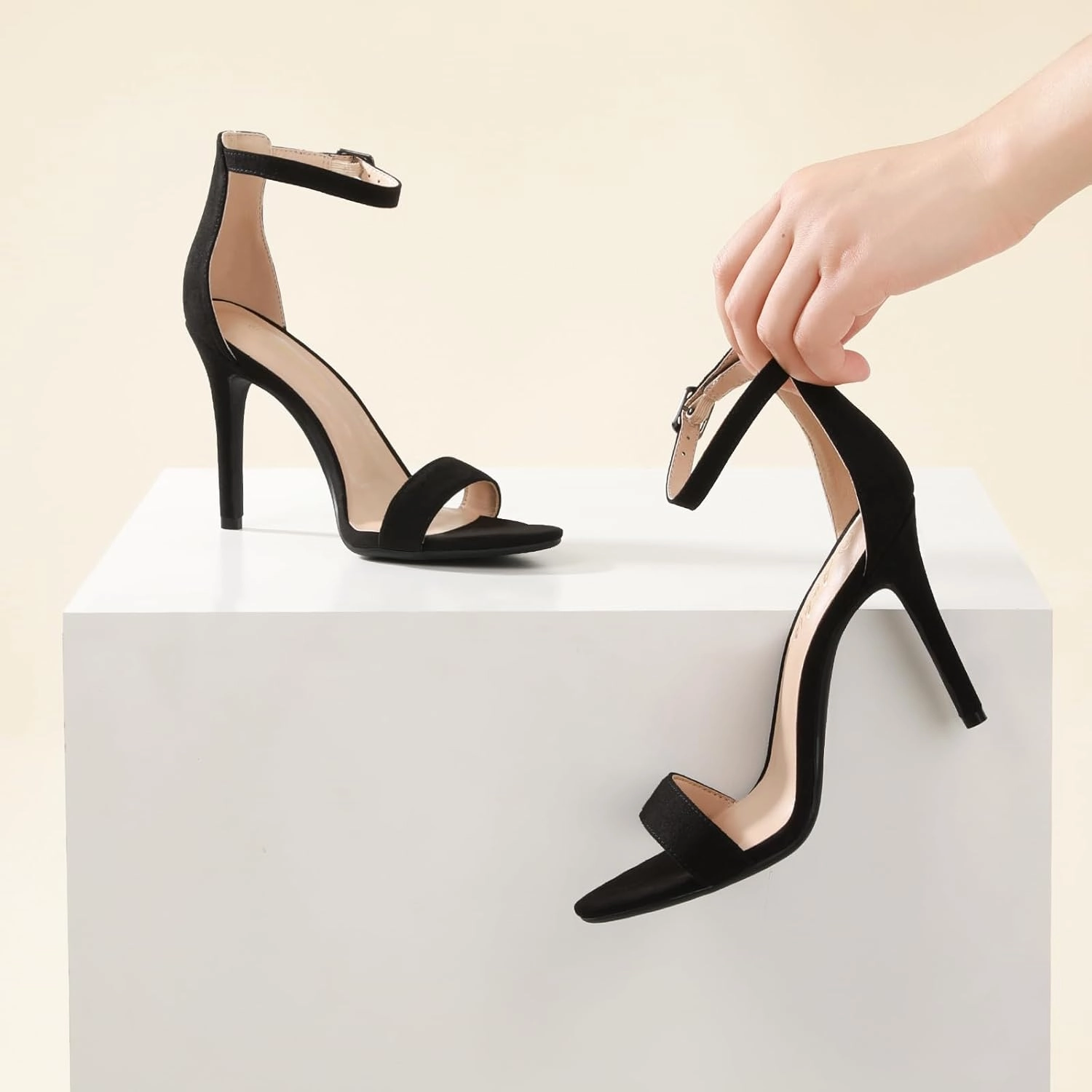Ankis High Heels for Women 4 Inches, Black Nude Gold Stiletto Heels Open Toe Ankle Strap Heeled Sandals for Dressy Wedding Party