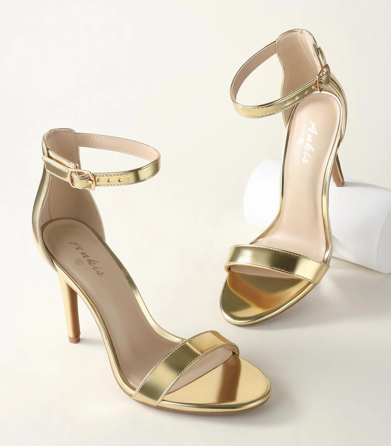 Ankis High Heels for Women 4 Inches, Black Nude Gold Stiletto Heels Open Toe Ankle Strap Heeled Sandals for Dressy Wedding Party