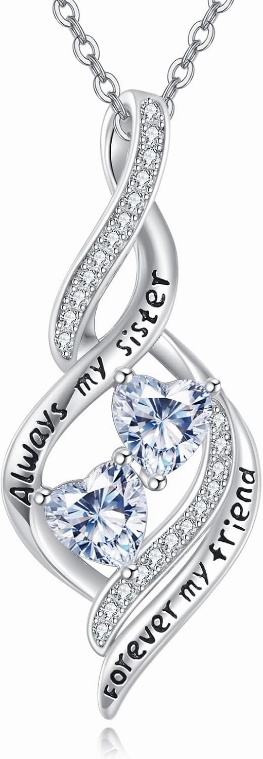 AOBOCO Sister Necklaces 925 Sterling Silver Always My Sister Forever My Friends Double Love Heart Pendant for Friends Mom Mother's Day Gifts